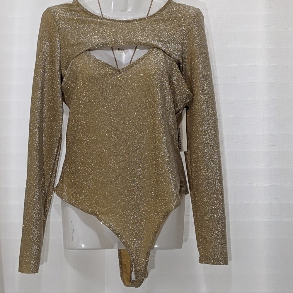 Haute Monde Women's Beige Metallic Long Sleeve Crop Top & Bodysuit Size M NWT